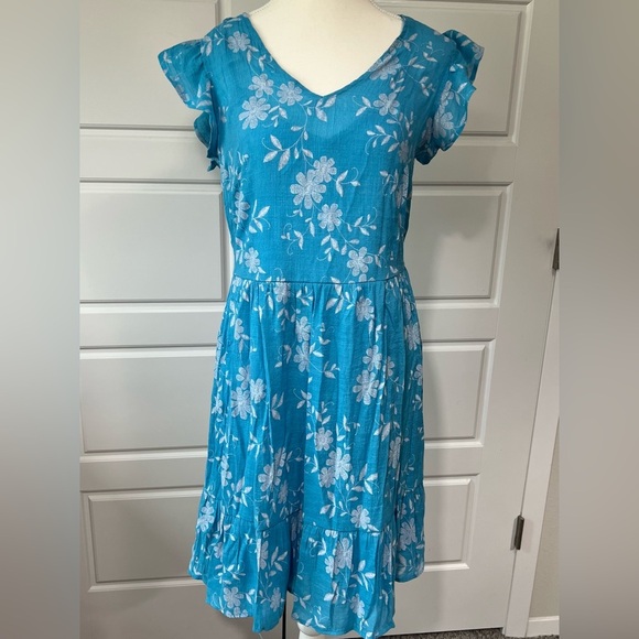 Cato Blue Floral Embroidered Summer Dress Flutter Sleeve Casual Sundress Medium - Picture 1 of 8
